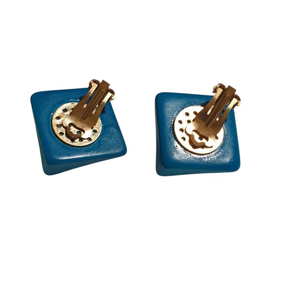 Vintage Teal Square Clip On Earrings Gold Tone Backing Bold Retro Style Jewelry - Picture 3 of 4